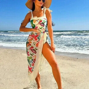 Multicolor Boho Womens Floral Print One-piece Swimsuit And Beach Skirt